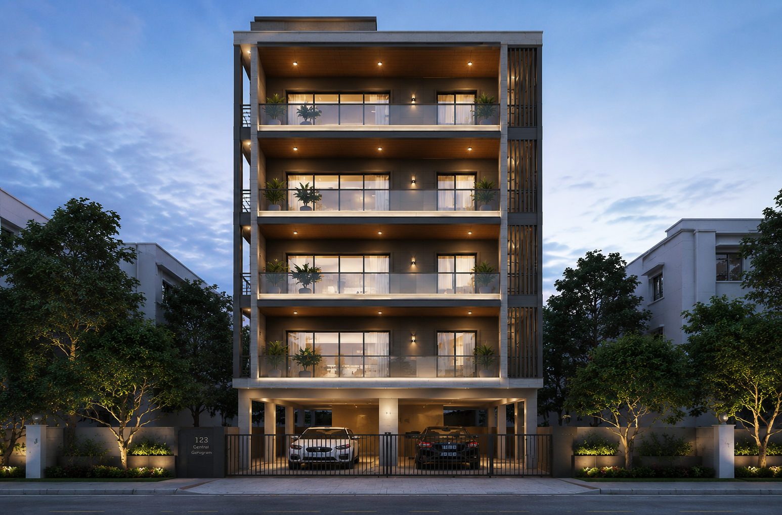 Independent luxury builder floors at dusk