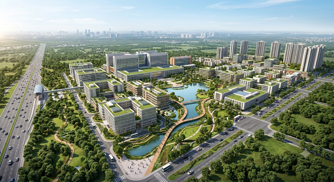 Arogya Dham healthcare city masterplan rendering