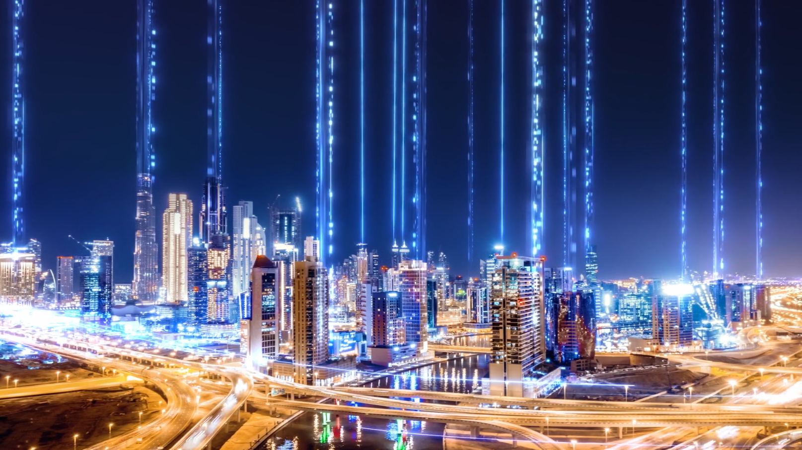 Illuminated smart city skyline at night