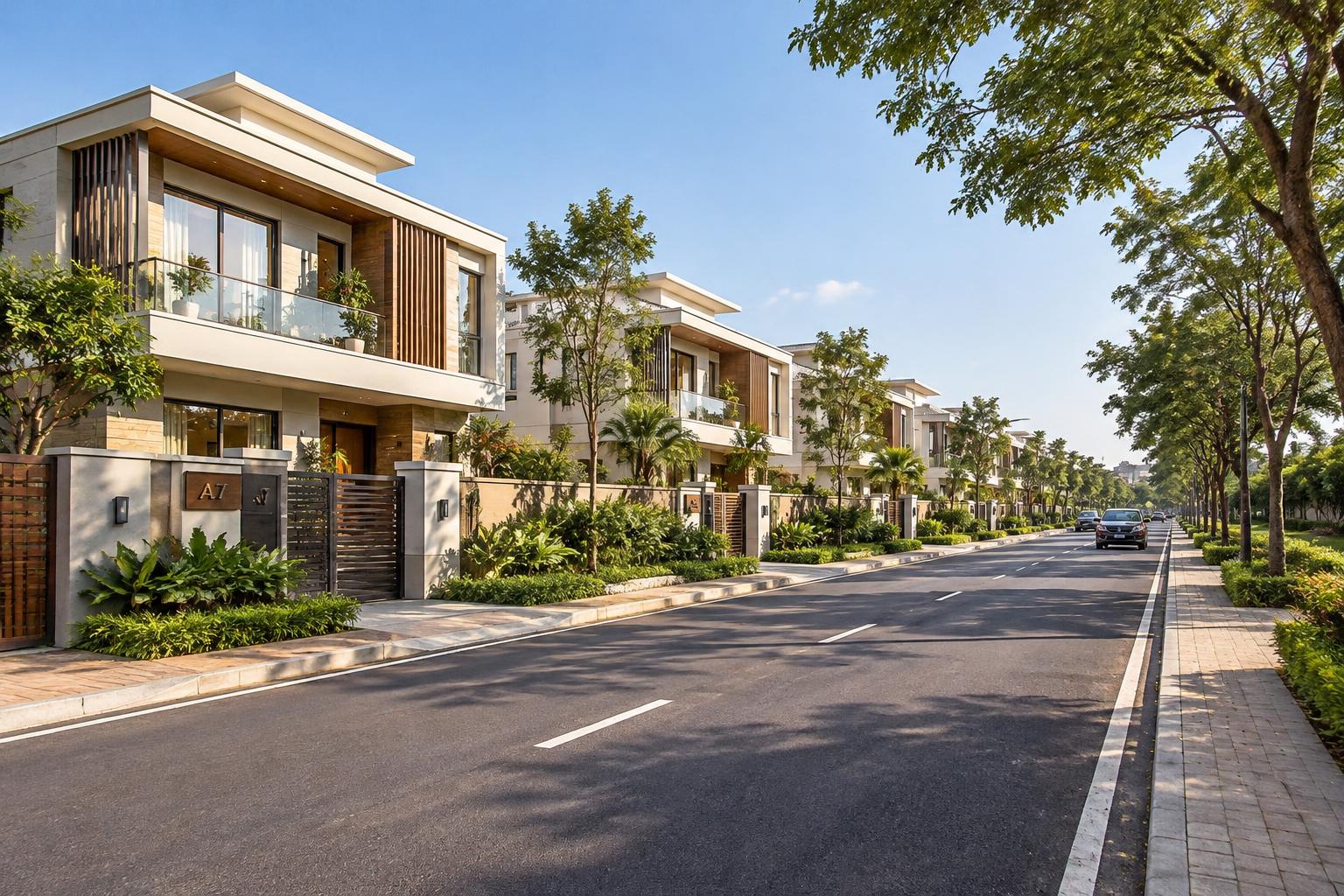 Conceptual rendering of independent villas built on plots, each facing a broad tree-lined road