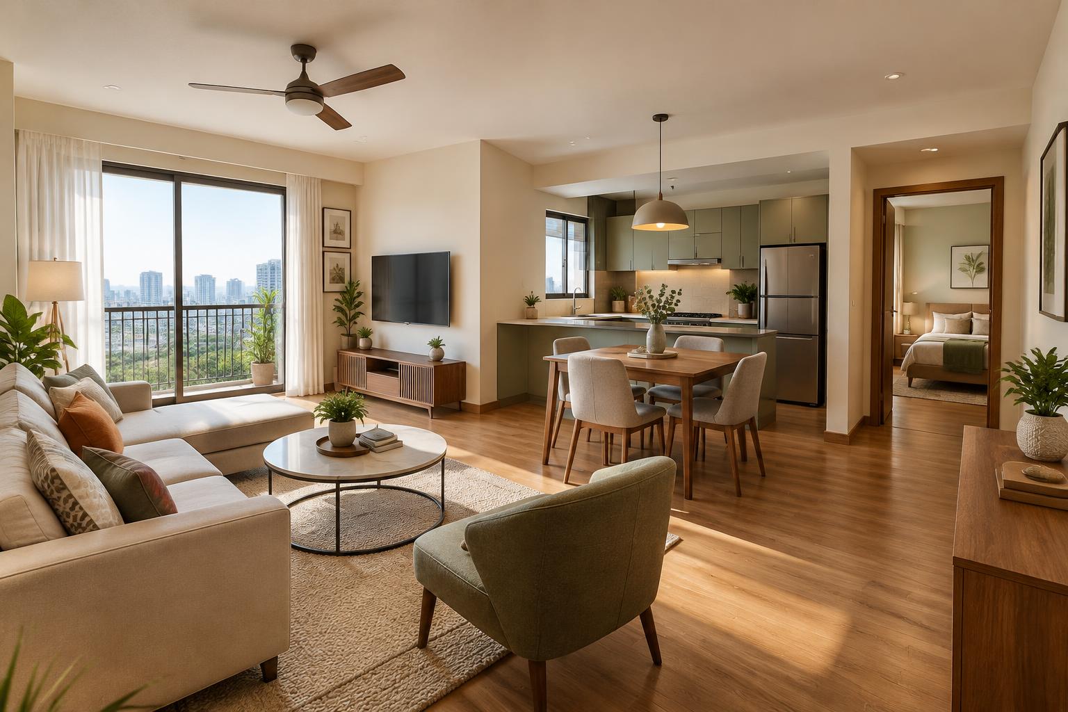 Conceptual interior of a 2 BHK apartment at Reliance MET City — living room with dining area, kitchen and bedroom