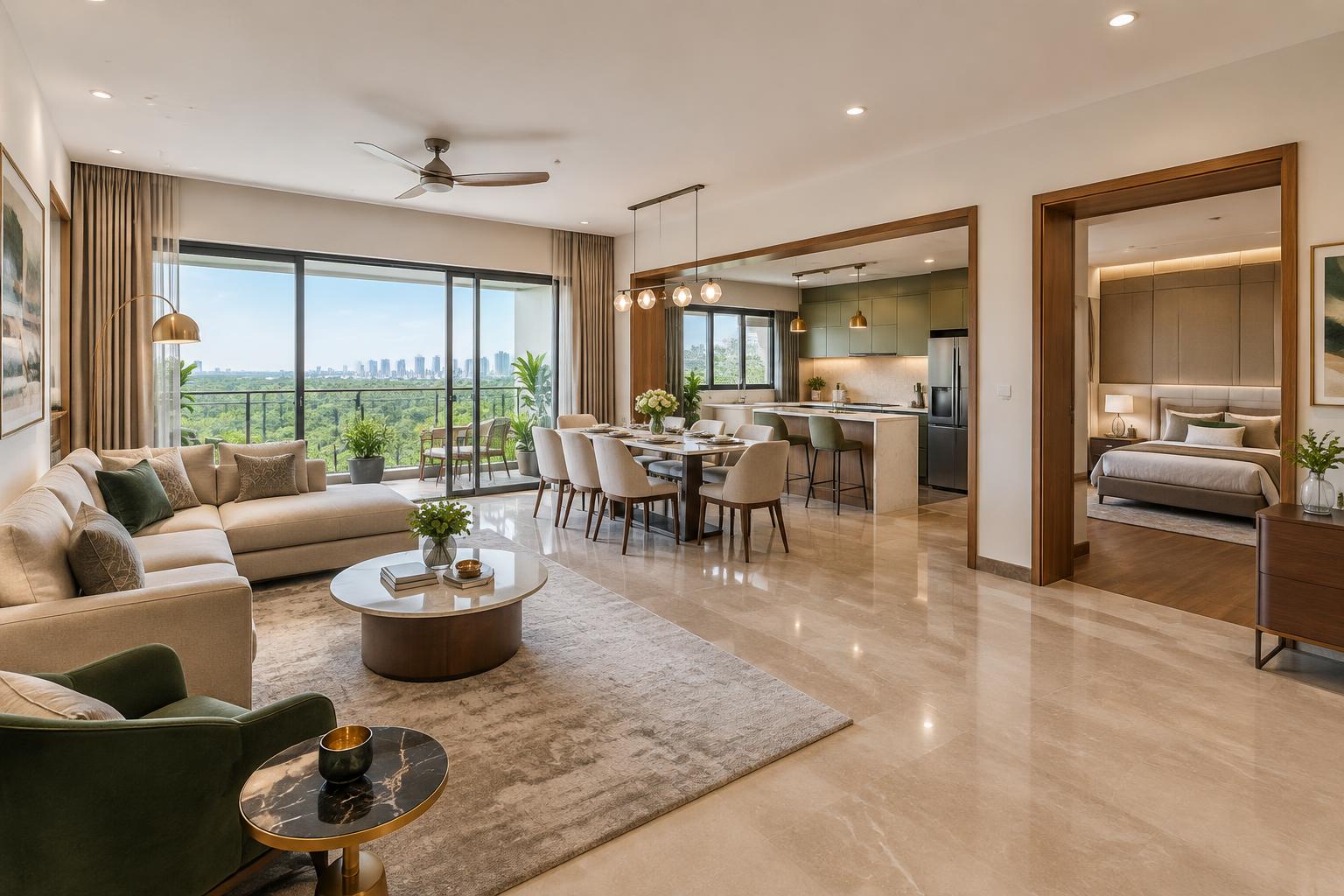Conceptual interior of a 3 BHK apartment at Reliance MET City — living room with dining area, kitchen and bedroom