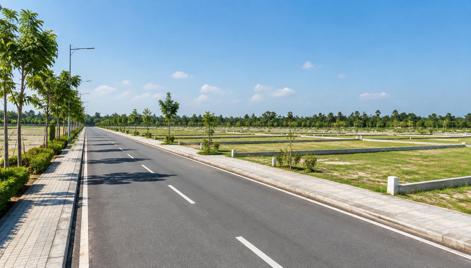 Green residential plots facing a wide tree-lined road with pavements