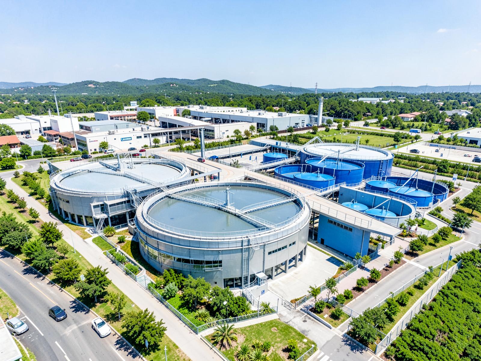 Aerial view of a modern water treatment plant with clarifier tanks and reservoirs